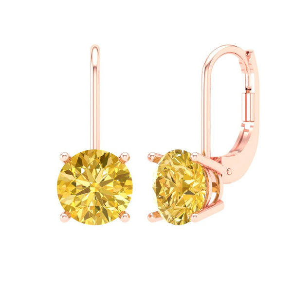 4 ct Brilliant Round Cut Drop Dangle Natural Citrine Stone Rose Gold Earrings Lever Back