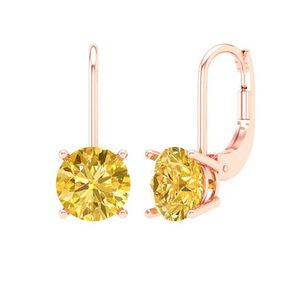 4 ctw Yellow Zirconia Drop Dangle Earrings | 8.0mm Round Cut White Gold Lever Back | April Birthstone