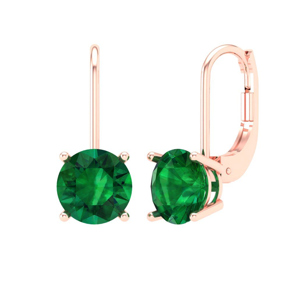4 ctw Emerald Drop Dangle Earrings | 8.0mm Round Cut White Gold Lever Back | May Birthstone