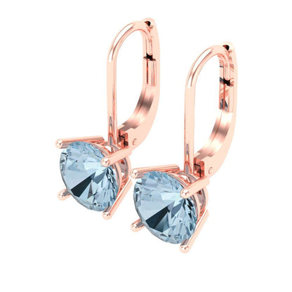 4 ctw Aquamarine Drop Dangle Earrings | 8.0mm Round Cut White Gold Lever Back | March Birthstone