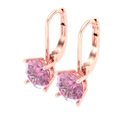 4 ctw Pink Zirconia Drop Dangle Earrings | 8.0mm Round Cut White Gold Lever Back | April Birthstone