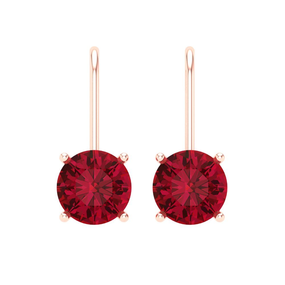 4 ctw Ruby Drop Dangle Earrings | 8.0mm Round Cut White Gold Lever Back | July Birthstone