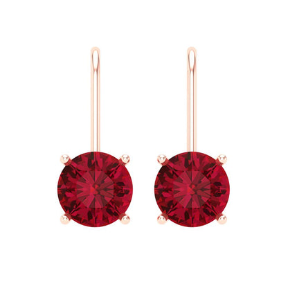 4 ctw Ruby Drop Dangle Earrings | 8.0mm Round Cut White Gold Lever Back | July Birthstone