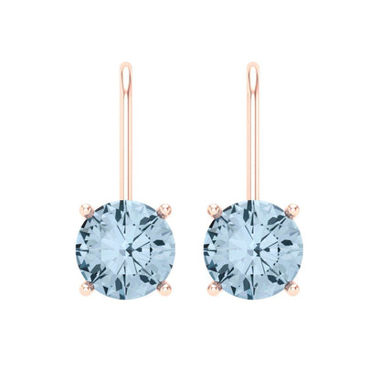 4 ctw Aquamarine Drop Dangle Earrings | 8.0mm Round Cut White Gold Lever Back | March Birthstone
