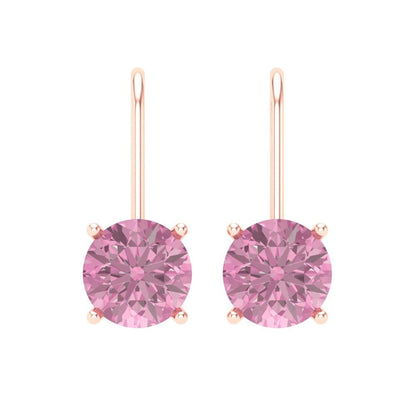 4 ctw Pink Zirconia Drop Dangle Earrings | 8.0mm Round Cut White Gold Lever Back | April Birthstone