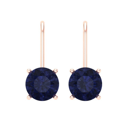 4 ctw Blue Sapphire Drop Dangle Earrings | 8.0mm Round Cut White Gold Lever Back | September Birthstone