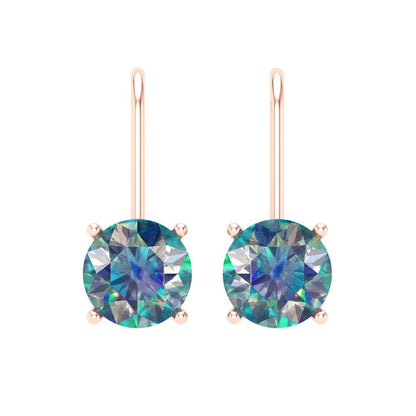 4 ctw Blue Moissanite Drop Dangle Earrings | 8.0mm Round Cut White Gold Lever Back | April Birthstone