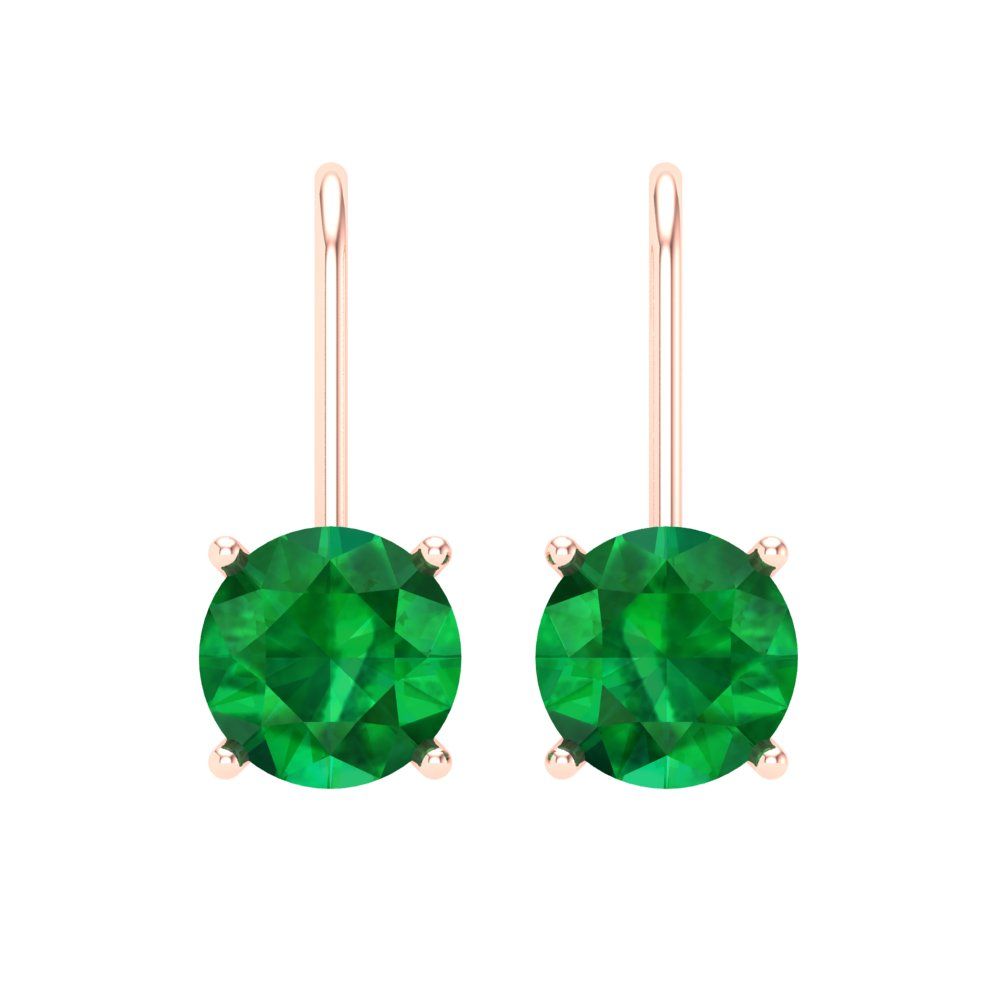 4 ctw Emerald Drop Dangle Earrings | 8.0mm Round Cut White Gold Lever Back | May Birthstone
