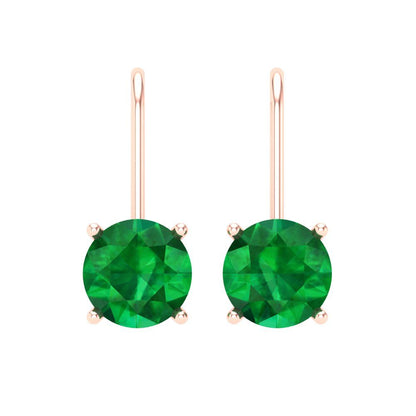 4 ctw Emerald Drop Dangle Earrings | 8.0mm Round Cut White Gold Lever Back | May Birthstone
