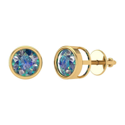 2 ctw Blue Moissanite Studs Earrings | 6.5mm Round Cut White Gold Screw back | April Birthstone