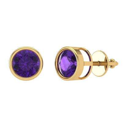 2 ctw Amethyst Studs Earrings | 6.5mm Round Cut White Gold Screw back | February Birthstone
