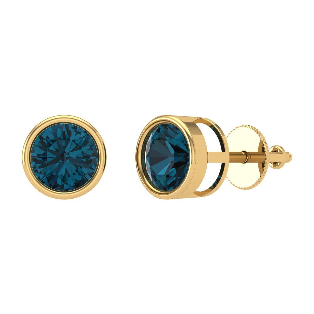 2 ctw London Blue Topaz Studs Earrings | 6.5mm Round Cut White Gold Screw back | December Birthstone