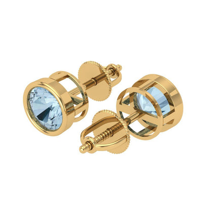 2 ctw Swiss Blue Topaz Studs Earrings | 6.5mm Round Cut White Gold Screw back | December Birthstone