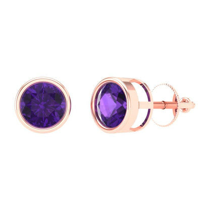 2 ctw Amethyst Studs Earrings | 6.5mm Round Cut White Gold Screw back | February Birthstone