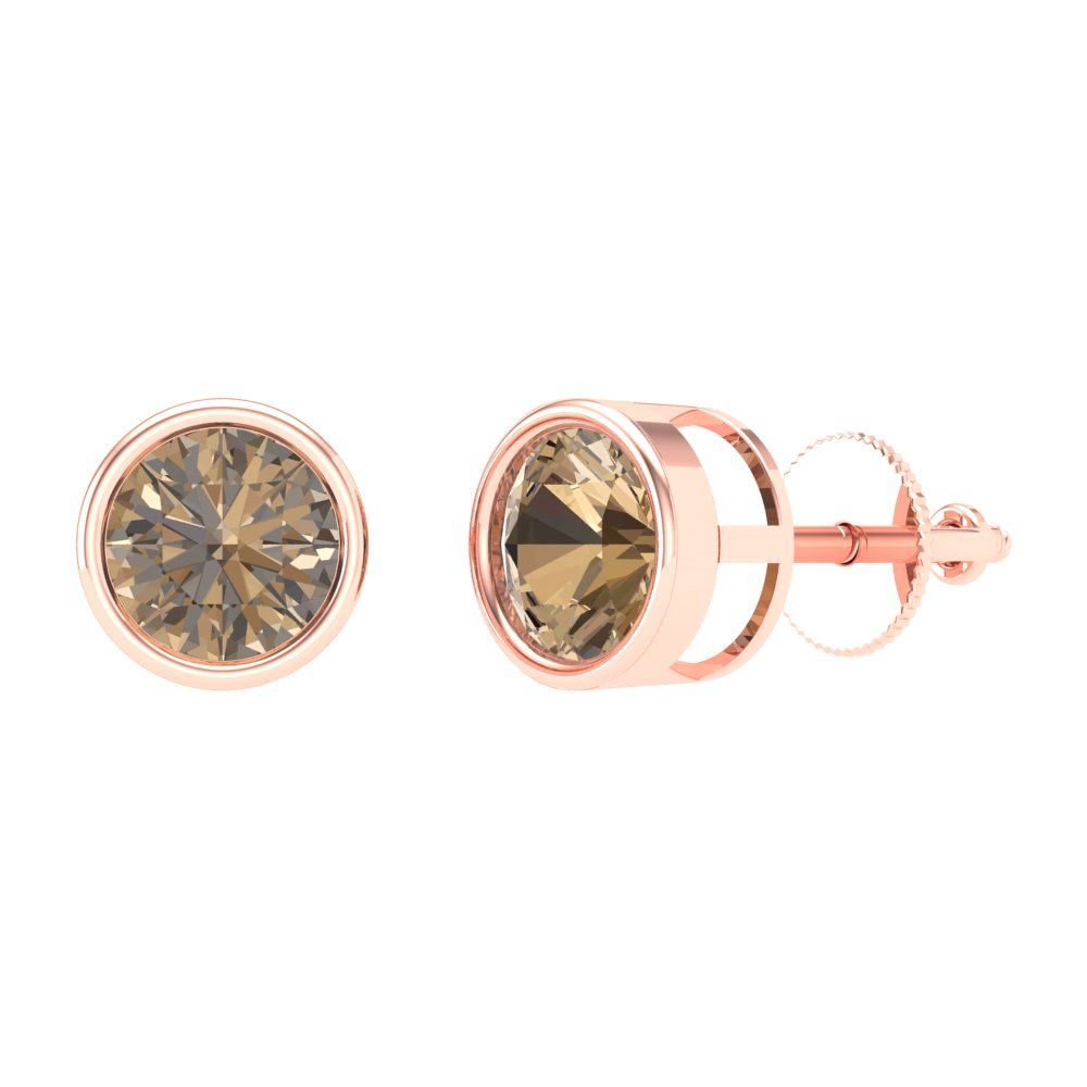 2 ctw Champagne Studs Earrings | 6.5mm Round Cut White Gold Screw back | April Birthstone
