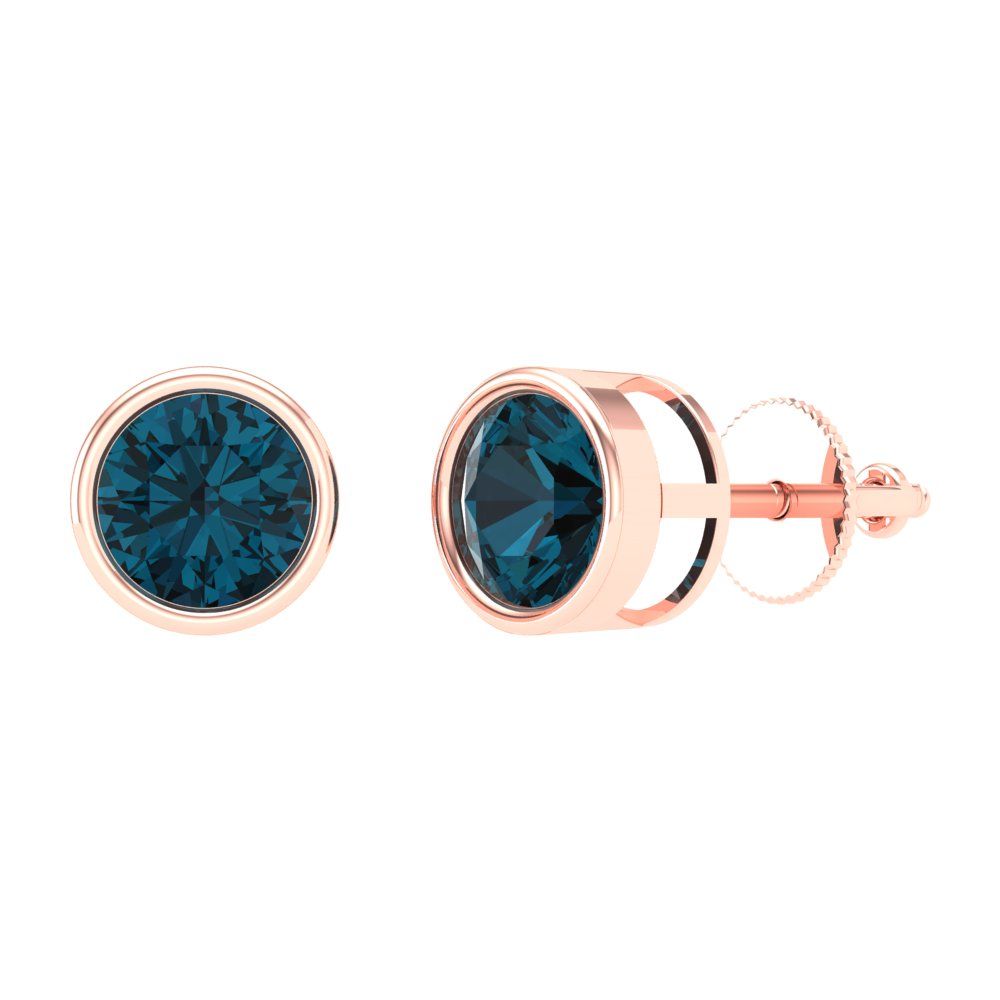 2 ctw London Blue Topaz Studs Earrings | 6.5mm Round Cut White Gold Screw back | December Birthstone