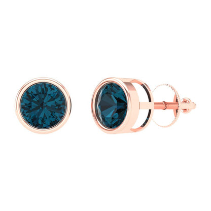 2 ctw London Blue Topaz Studs Earrings | 6.5mm Round Cut White Gold Screw back | December Birthstone