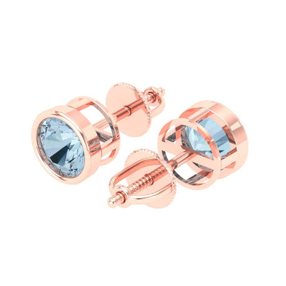 2 ctw Aquamarine Studs Earrings | 6.5mm Round Cut White Gold Screw back | March Birthstone