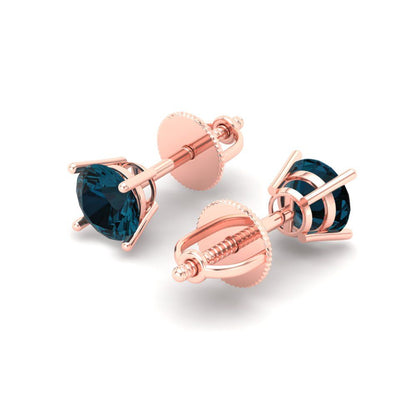 0.2 ctw London Blue Topaz Studs Earrings | 3.0mm Round Cut White Gold Screw back | December Birthstone