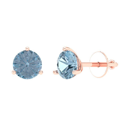 1.5 ctw Aquamarine Studs Earrings | 6mm Round Cut White Gold Screw back | March Birthstone