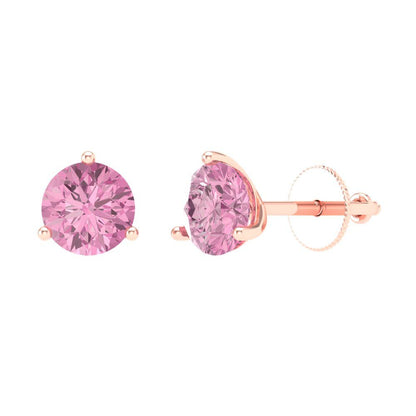 1.5 ctw Pink Zirconia Studs Earrings | 6mm Round Cut White Gold Screw back | April Birthstone