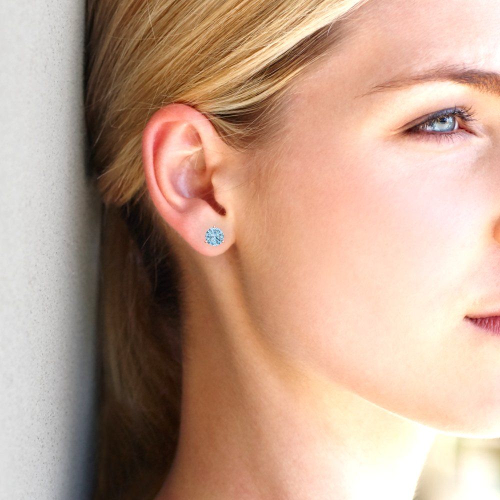 1.5 ctw Blue Zirconia Studs Earrings | 6mm Round Cut White Gold Screw back | April Birthstone