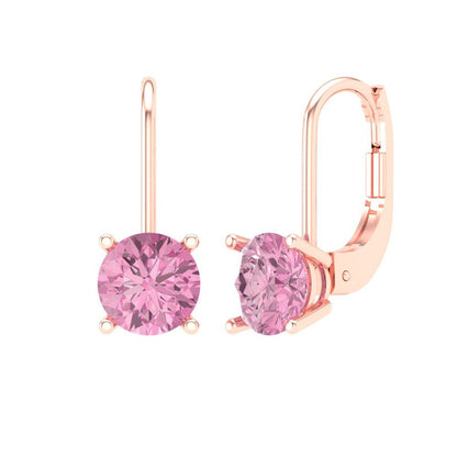 1.5 ctw Pink Zirconia Drop Dangle Earrings | 6mm Round Cut White Gold Lever Back | April Birthstone