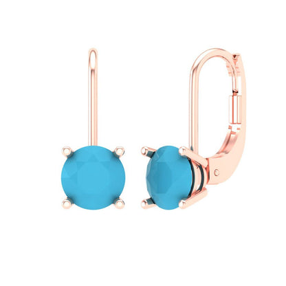 1.5 ctw Turquoise Drop Dangle Earrings | 6mm Round Cut White Gold Lever Back | December Birthstone