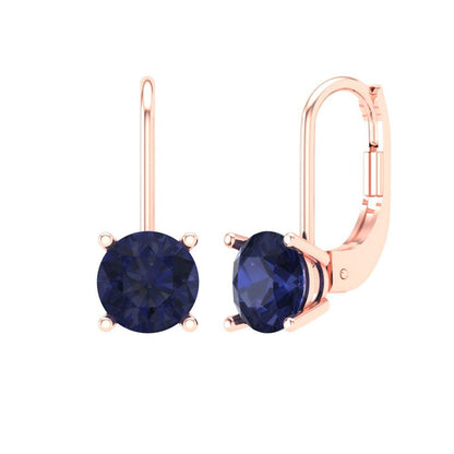 1.5 ctw Blue Sapphire Drop Dangle Earrings | 6mm Round Cut White Gold Lever Back | September Birthstone