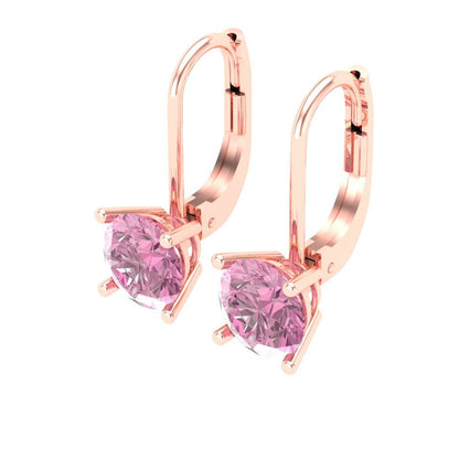 1.5 ctw Pink Zirconia Drop Dangle Earrings | 6mm Round Cut White Gold Lever Back | April Birthstone