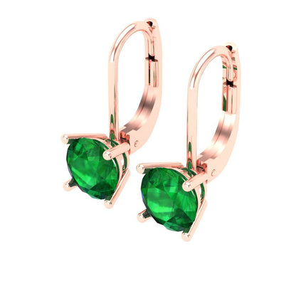 1.5 ctw Emerald Drop Dangle Earrings | 6mm Round Cut White Gold Lever Back | May Birthstone