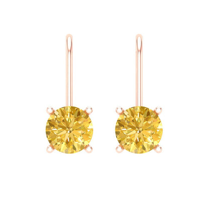 1.5 ctw Yellow Zirconia Drop Dangle Earrings | 6mm Round Cut White Gold Lever Back | April Birthstone