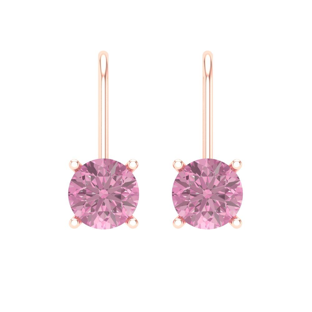 1.5 ctw Pink Zirconia Drop Dangle Earrings | 6mm Round Cut White Gold Lever Back | April Birthstone