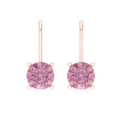 1.5 ctw Pink Zirconia Drop Dangle Earrings | 6mm Round Cut White Gold Lever Back | April Birthstone
