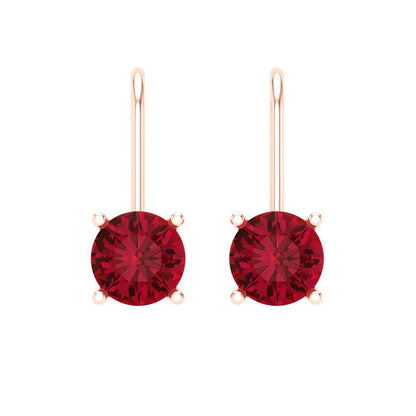 1.5 ctw Ruby Drop Dangle Earrings | 6mm Round Cut White Gold Lever Back | July Birthstone