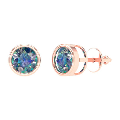 1 ctw Blue Moissanite Studs Earrings | 5.0mm Round Cut White Gold Screw back | April Birthstone