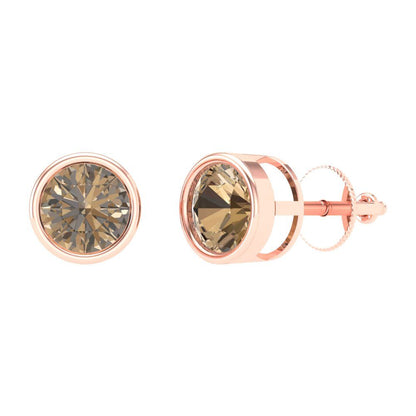 1 ctw Champagne Studs Earrings | 5.0mm Round Cut White Gold Screw back | April Birthstone