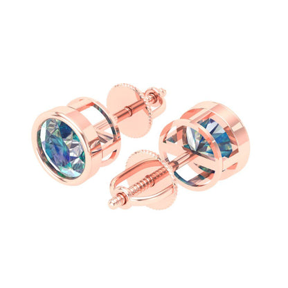 1 ctw Blue Moissanite Studs Earrings | 5.0mm Round Cut White Gold Screw back | April Birthstone