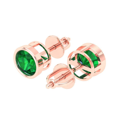 1 ctw Emerald Studs Earrings | 5.0mm Round Cut White Gold Screw back | May Birthstone