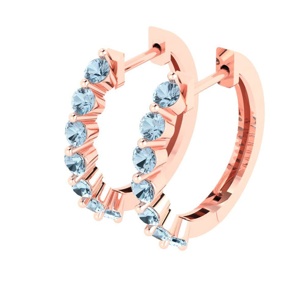 0.7 ct Brilliant Round Cut Hoop Natural Swiss Blue Topaz Stone Rose Gold Earrings Lever Back