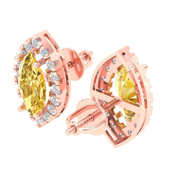 3.64 ct Brilliant Marquise Cut Halo Studs Yellow Simulated Diamond Stone Rose Gold Earrings Screw back