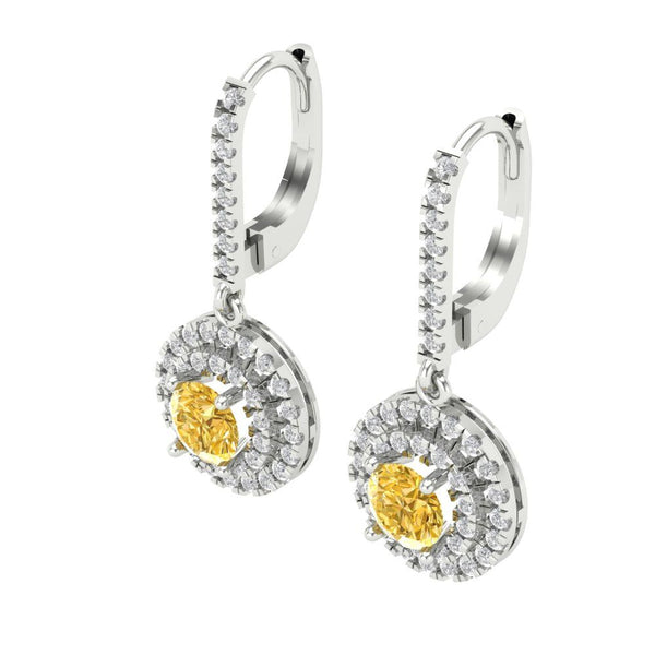 2.04 ct Brilliant Round Cut Halo Drop Dangle Yellow Simulated Diamond Stone White Gold Earrings Lever Back