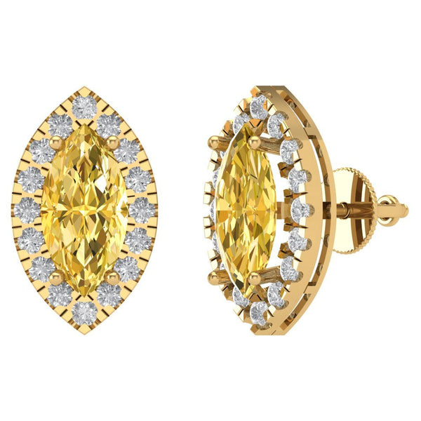 3.64 ct Brilliant Marquise Cut Halo Studs Yellow Simulated Diamond Stone Yellow Gold Earrings Screw back