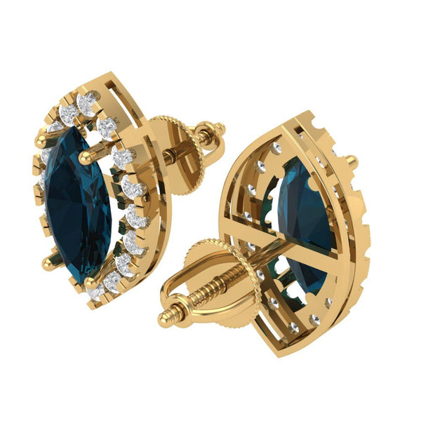 3.64 ct Brilliant Marquise Cut Halo Studs Natural London Blue Topaz Stone Yellow Gold Earrings Screw back