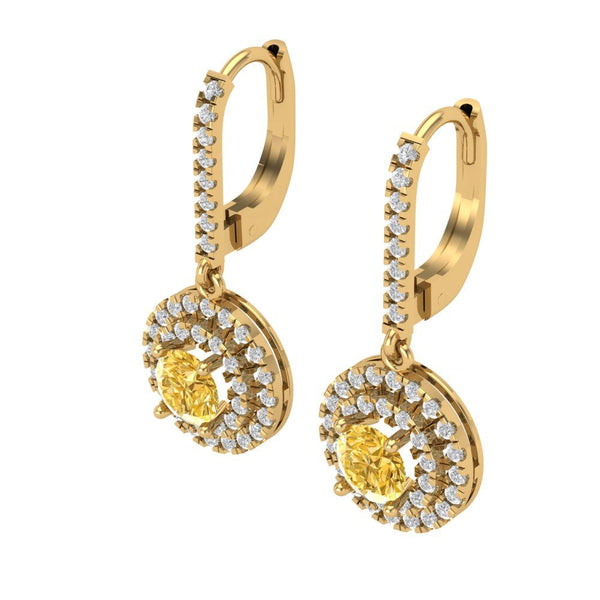 2.04 ct Brilliant Round Cut Halo Drop Dangle Yellow Simulated Diamond Stone Yellow Gold Earrings Lever Back