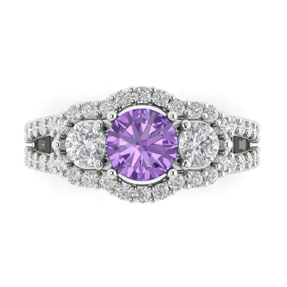 2.16 cttw Simulated Alexandrite Three-Stone Engagement Ring - Solid White Gold (VVS1, Round Cut,6.5mm)