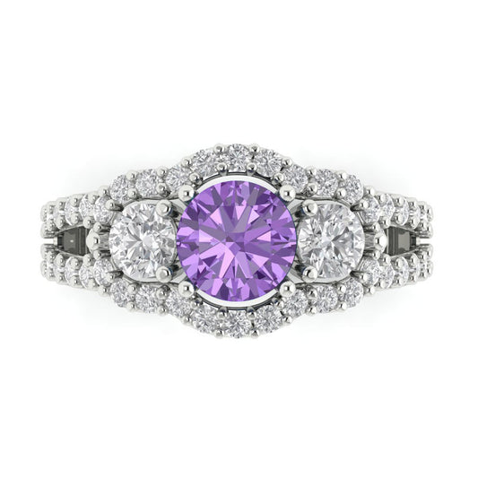 2.16 cttw Simulated Alexandrite Three-Stone Engagement Ring - Solid White Gold (VVS1, Round Cut,6.5mm)