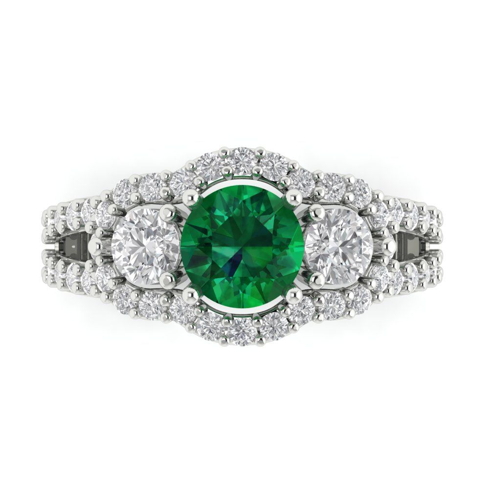 2.16 cttw Simulated Emerald Three-Stone Engagement Ring - Solid White Gold (VVS1, Round Cut,6.5mm)