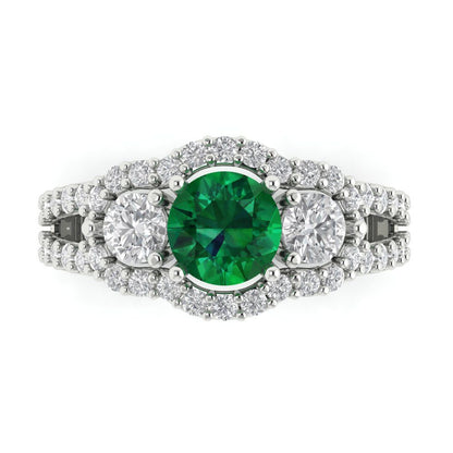 2.16 cttw Simulated Emerald Three-Stone Engagement Ring - Solid White Gold (VVS1, Round Cut,6.5mm)