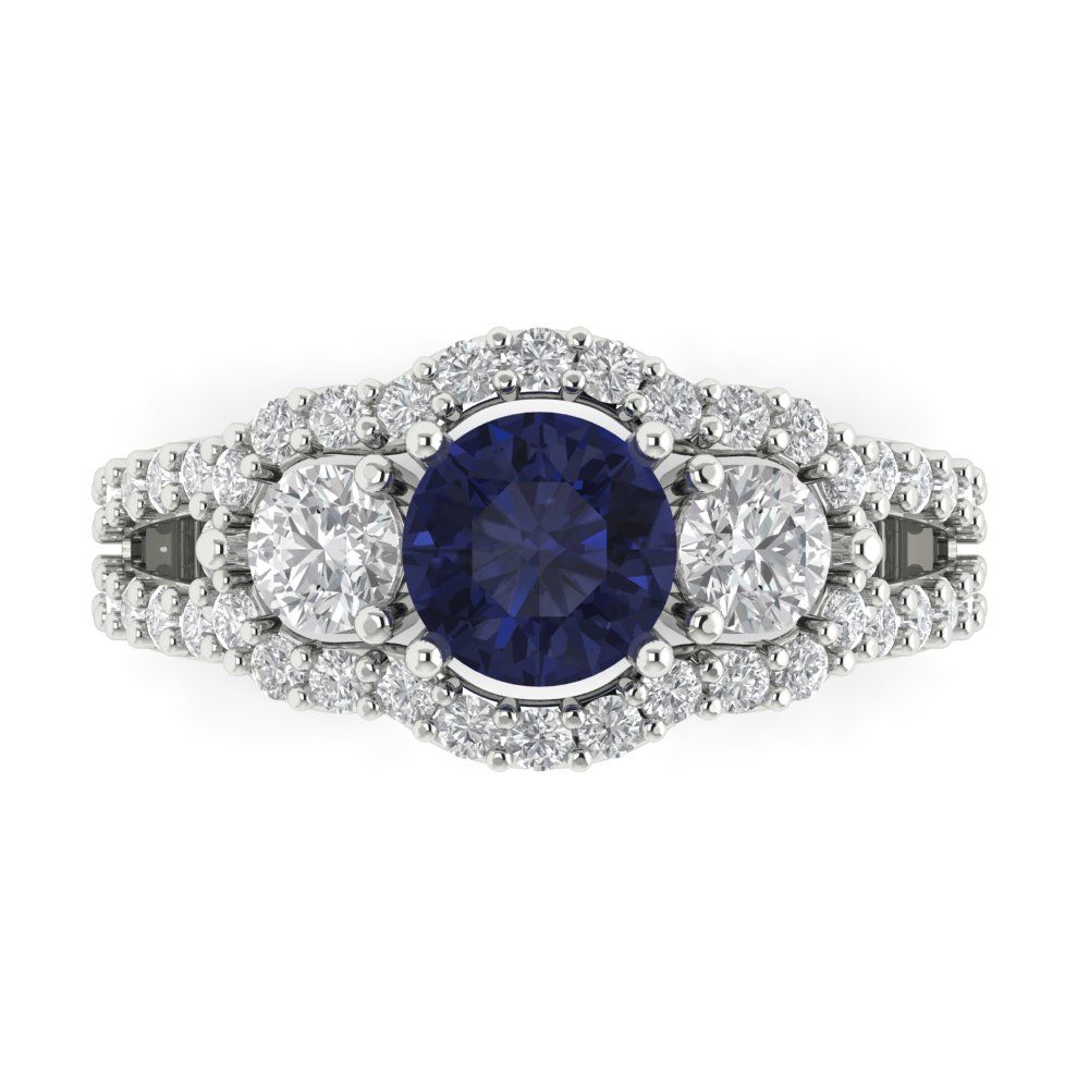 2.16 cttw Simulated Blue Sapphire Three-Stone Engagement Ring - Solid White Gold (VVS1, Round Cut,6.5mm)